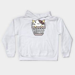 Happy cat in coffee cup with warped text yellow and brown Kids Hoodie